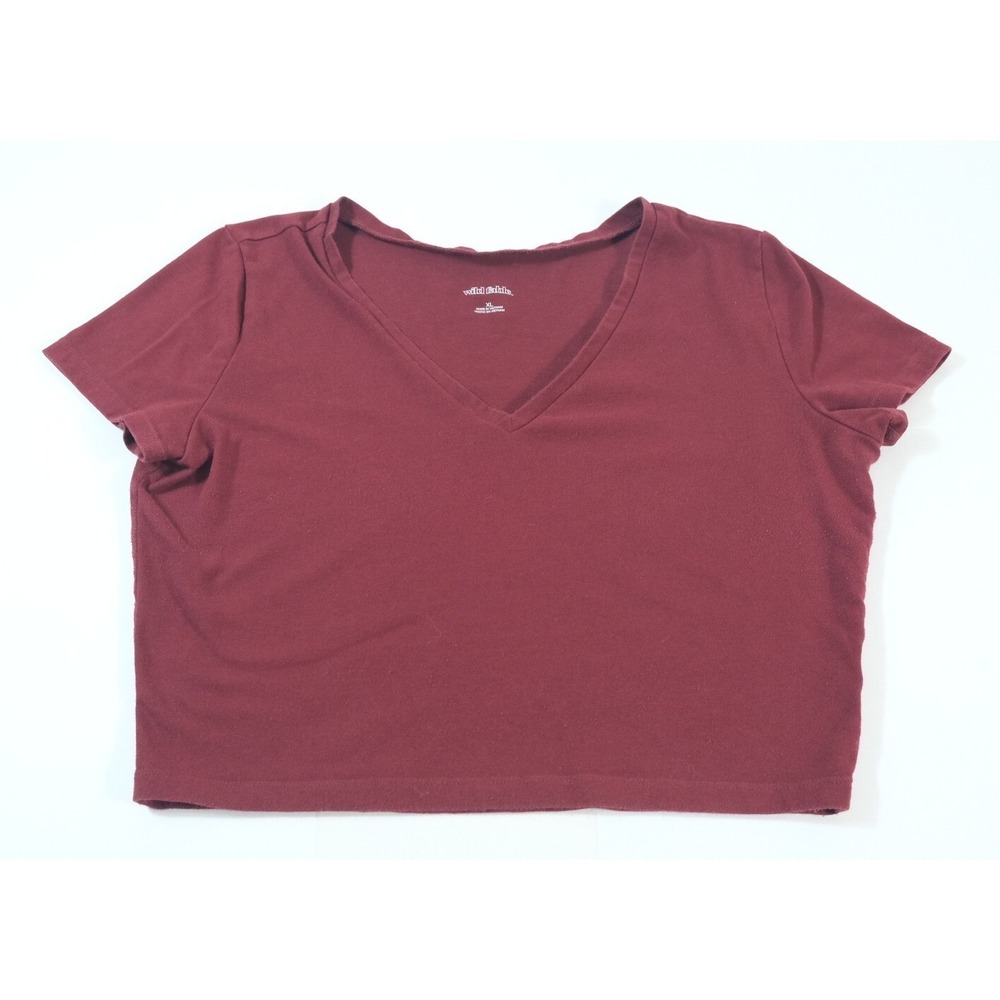 Wild Fable Top Juniors XL Burgundy V-Neck Short Sleeve Crop Tee Solid‎ Stretch